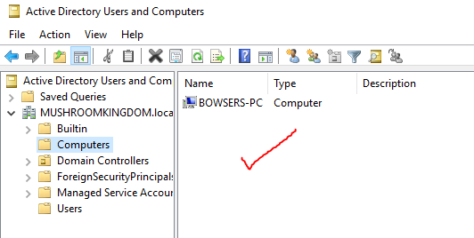 Checking the computer was added in the DC